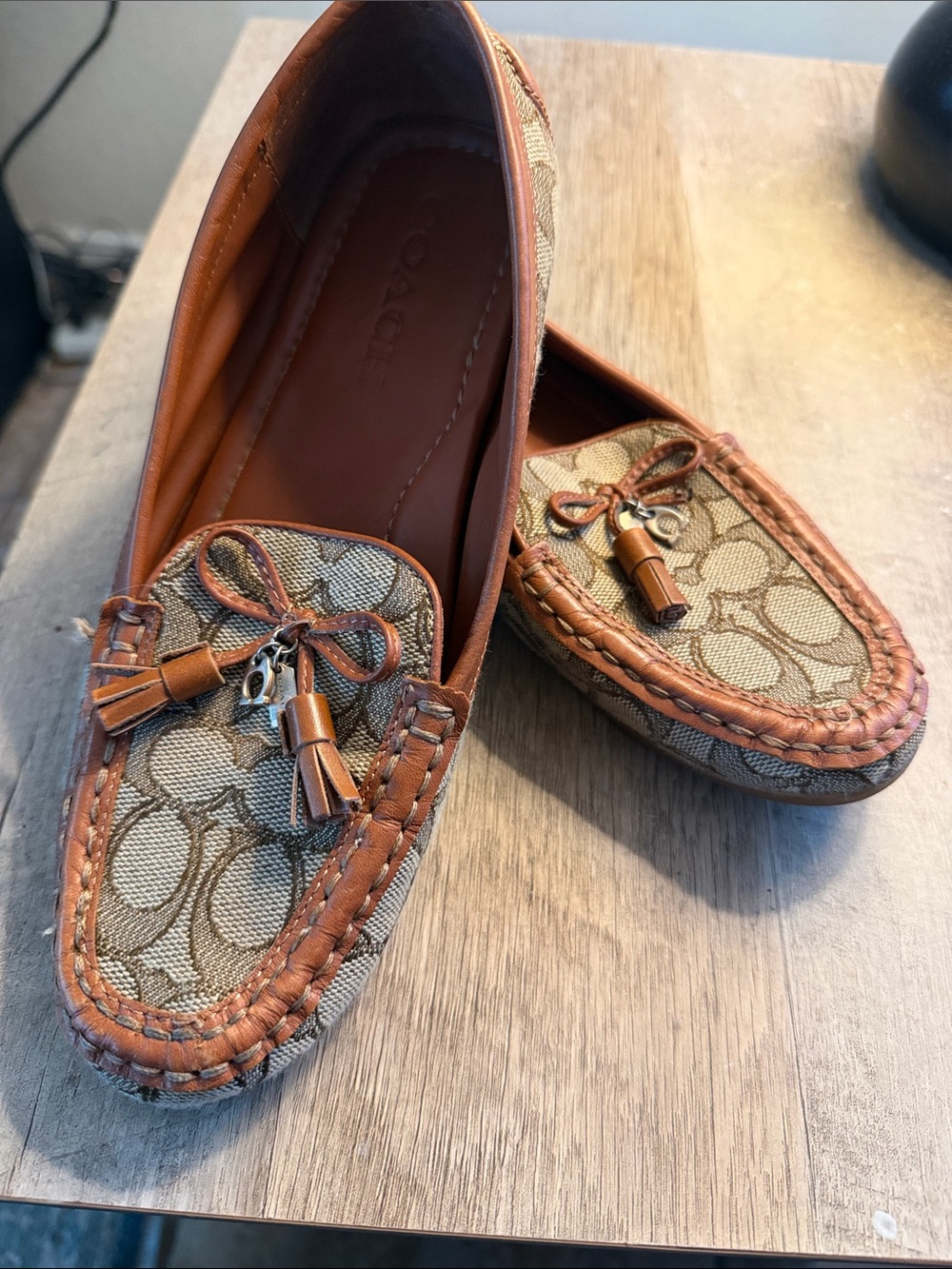 Coach Tan Signature Canvas Tassel Moccasin Loafers